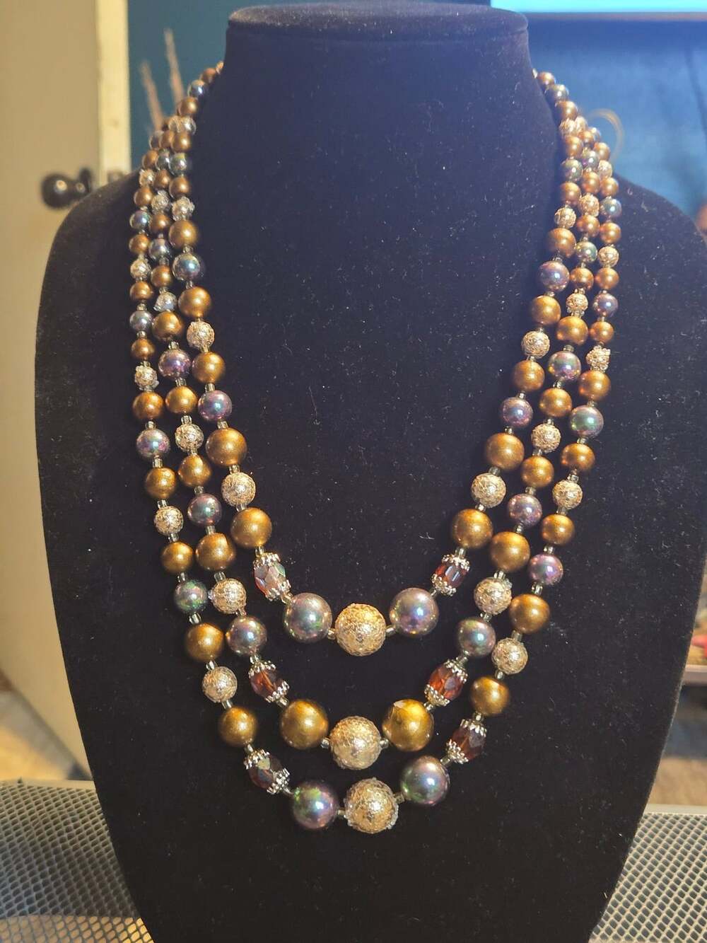Vintage Japan Multi Strand Beaded Necklace 21 Inch Brown Gold Tone